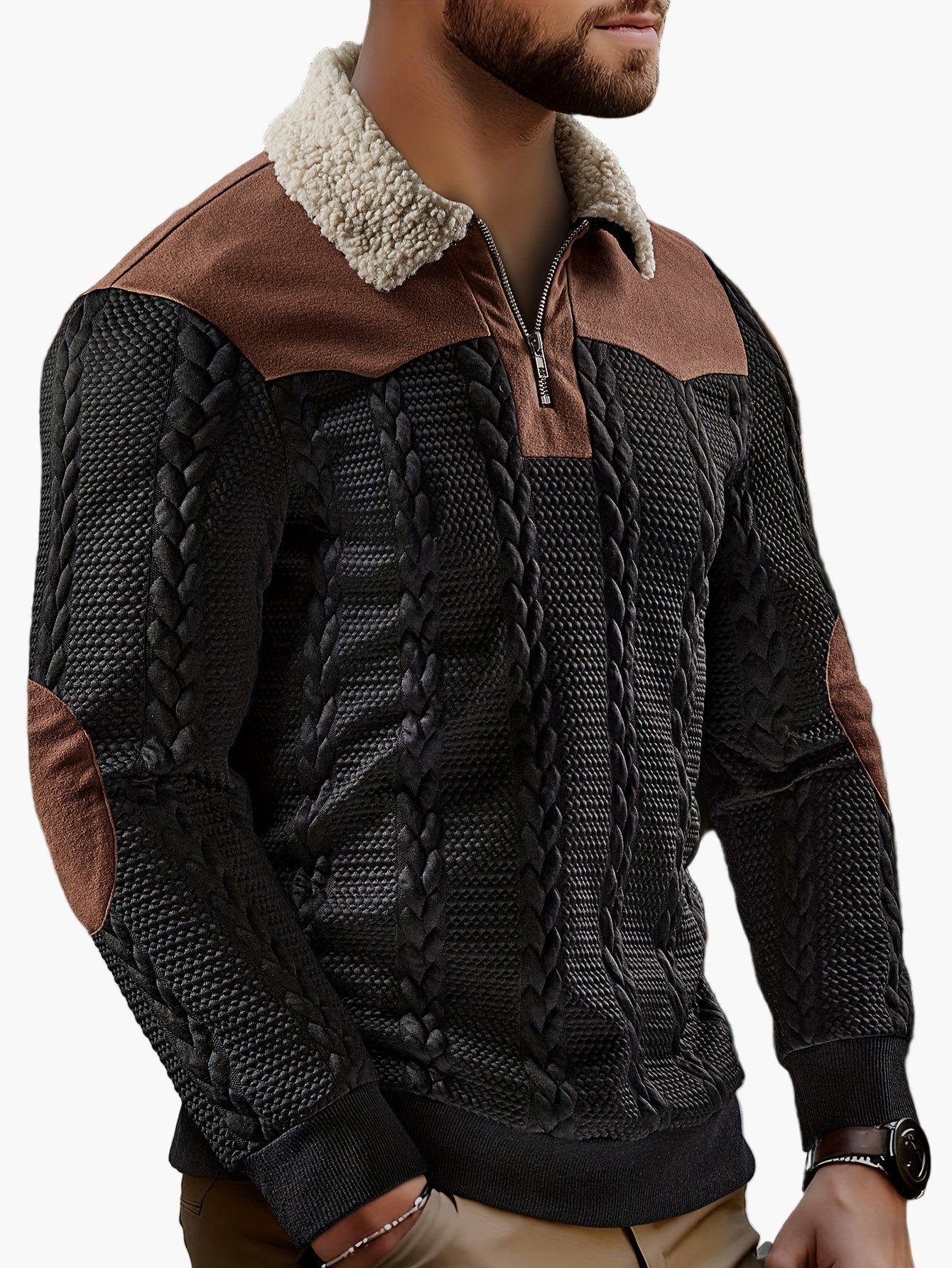 Men's knitted sweater with zipper and teddy collar – fashionable casual look for autumn and winter