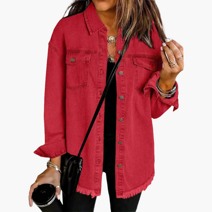 Damen Oversize Jeansjacke Vintage Streetstyle – Lässige Übergangsjacke mit Fransensaum