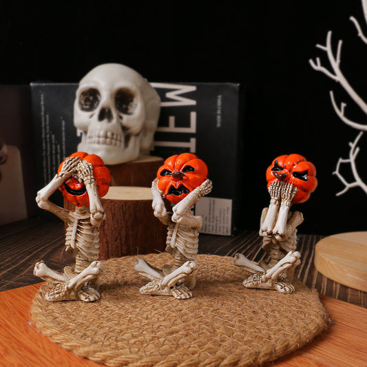 Halloween Decoration Set – Pumpkin Head Skeleton Figures 3-Piece Set for Spooky Party Atmosphere
