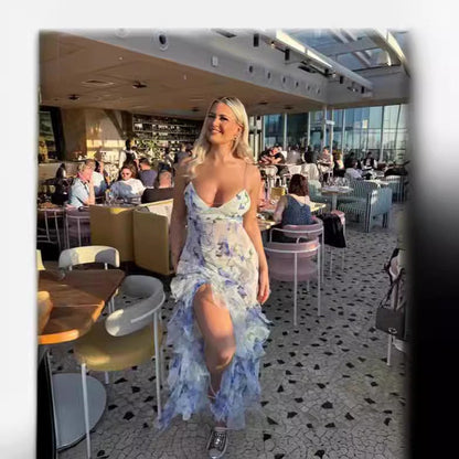 Damen Elegantes Maxikleid mit Blumen und Volants – Perfekt für besondere Anlässe und Abendveranstaltungen