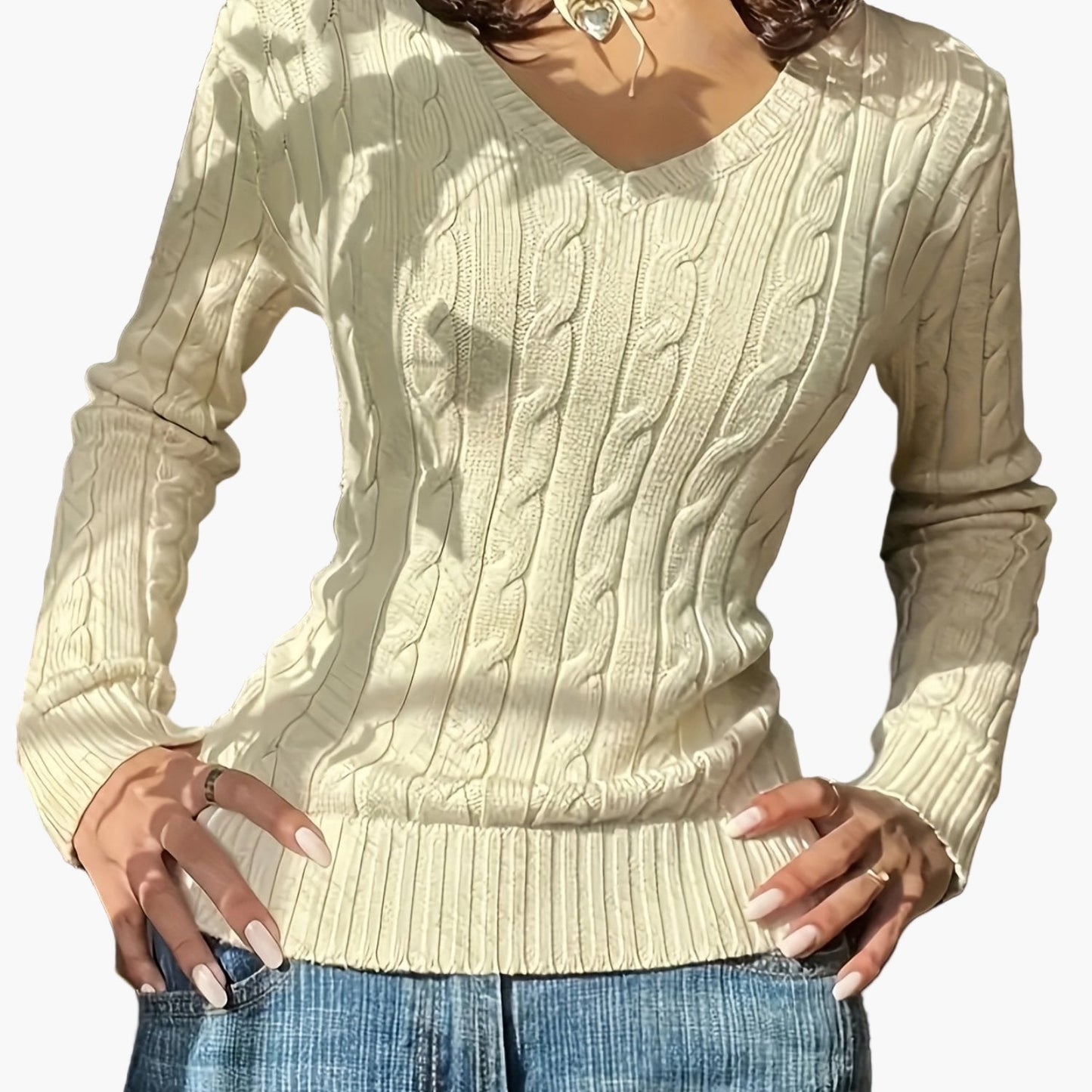 Damen Strickpullover mit Zopfmuster und V-Ausschnitt – Modischer Freizeitpullover für Alltag und Büro