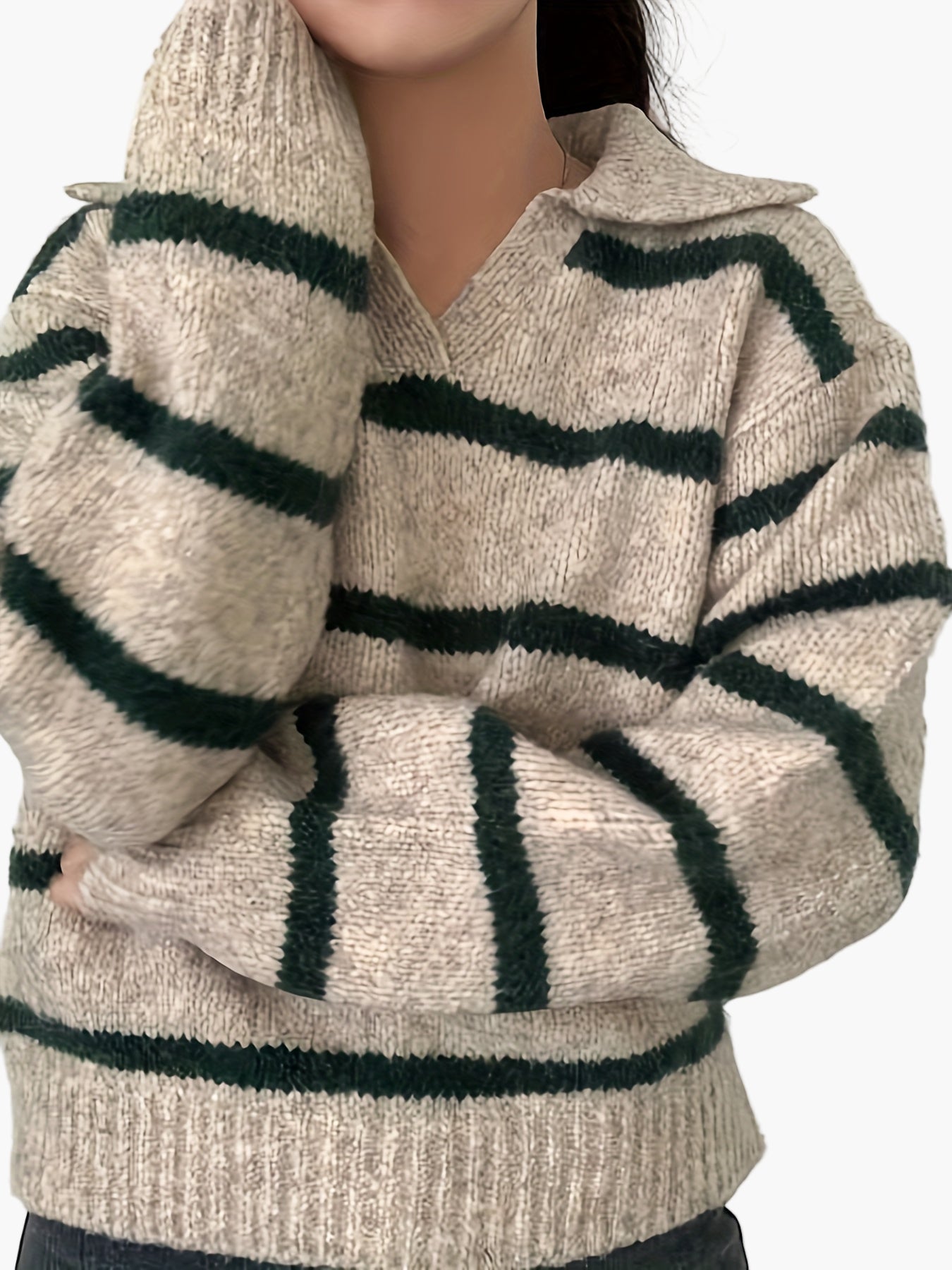 Damen Strickpullover mit Streifenmuster und Polokragen – Eleganter Herbst/Winter Freizeit-Look