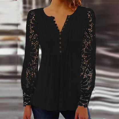 Sandra – Elegantes T-Shirt mit Spitzenärmeln und Falten in solidem Farbton