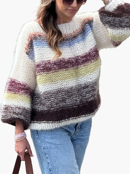 Damen Strickpullover mit Streifenmuster – Eleganter Herbst/Winter Pullover, Bequemer Alltagslook