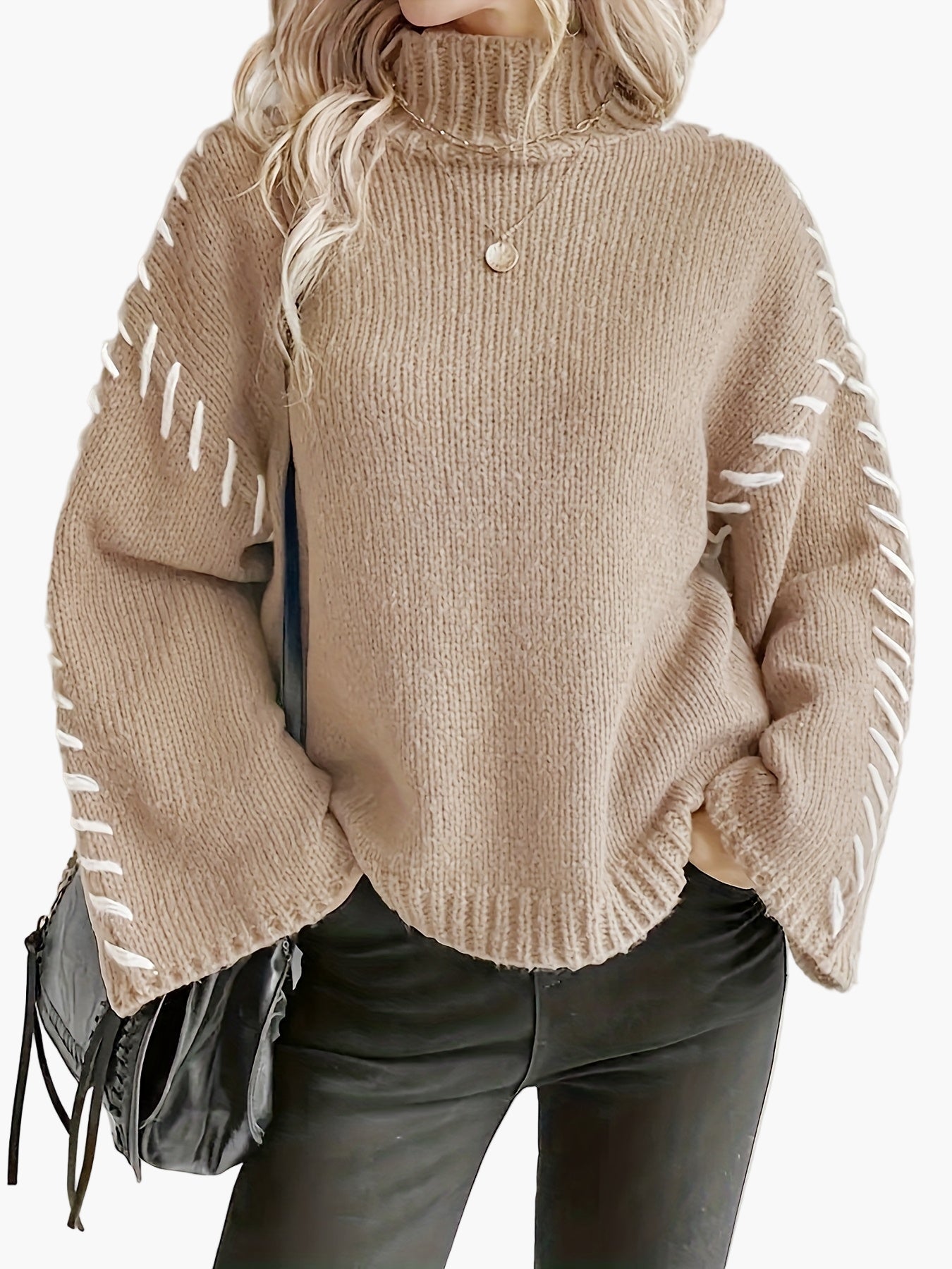 Damen Pullover mit weitem Ärmel und Ziernaht – Eleganter Strickpullover für Herbst und Winter