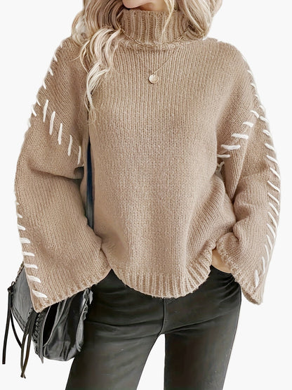 Damen Pullover mit weitem Ärmel und Ziernaht – Eleganter Strickpullover für Herbst und Winter