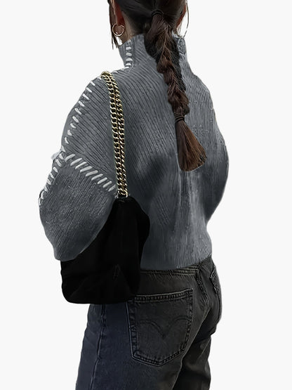 Damen Modischer Pullover mit Hochkragen und Akzent-Naht – Stilvoller Statement-Strick für Herbst & Winter