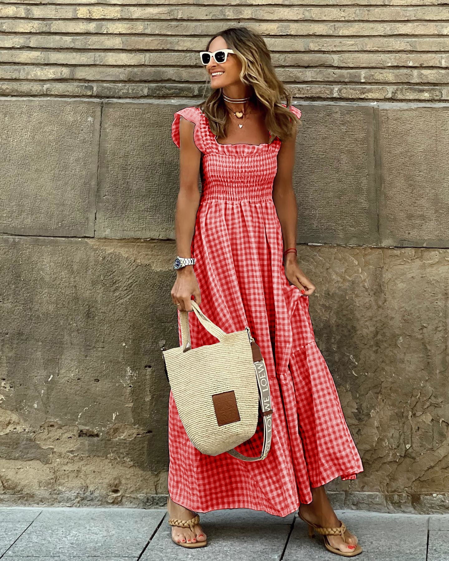 Sharon – Langes Kleid mit Patchwork-Karo-Muster