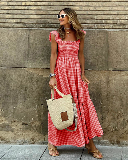 Sharon – Langes Kleid mit Patchwork-Karo-Muster