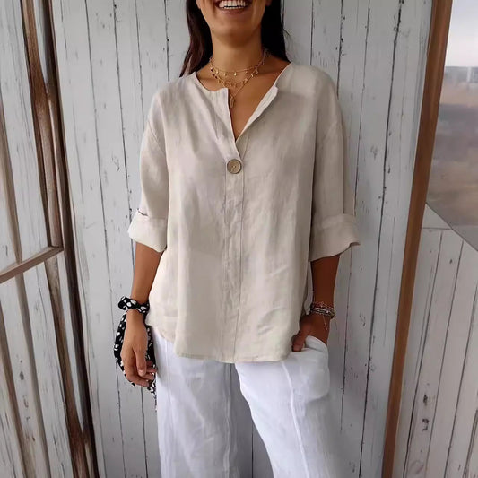 Esme – Lockere Damen T-Shirt mit V-Ausschnitt aus Baumwolle und Leinen