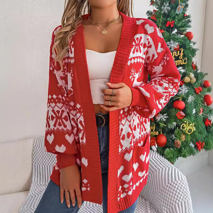 Katie – Offene Strickjacke mit Laternenärmeln und Weihnachtsmotiv