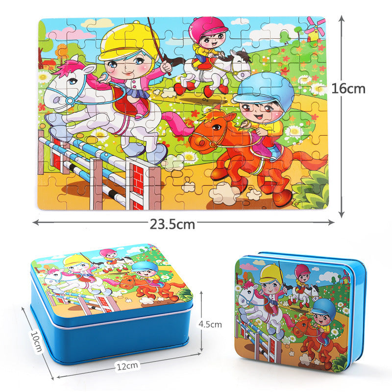 Kinder Holzpuzzle Set – Bunte Lernspielzeuge im Aufbewahrungs-Metallkasten, ab 3 Jahren, Unisex