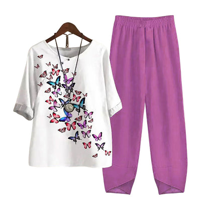 Damen Freizeit Set im Japanischen Stil mit Libellen-Print – Zweiteiler, Bequem für Alltag & Reisen