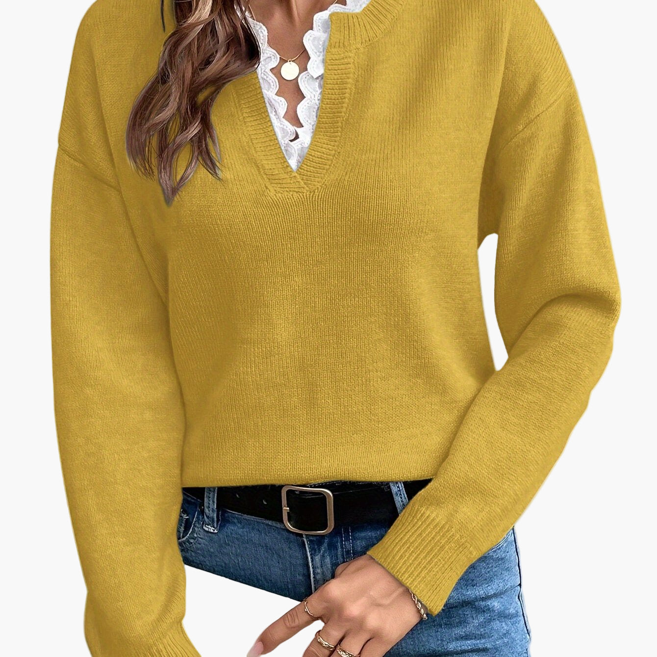 Damen Eleganter Strickpullover mit Spitzenbesatz und V-Ausschnitt – Ideal für Alltag und Büro