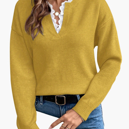 Damen Eleganter Strickpullover mit Spitzenbesatz und V-Ausschnitt – Ideal für Alltag und Büro