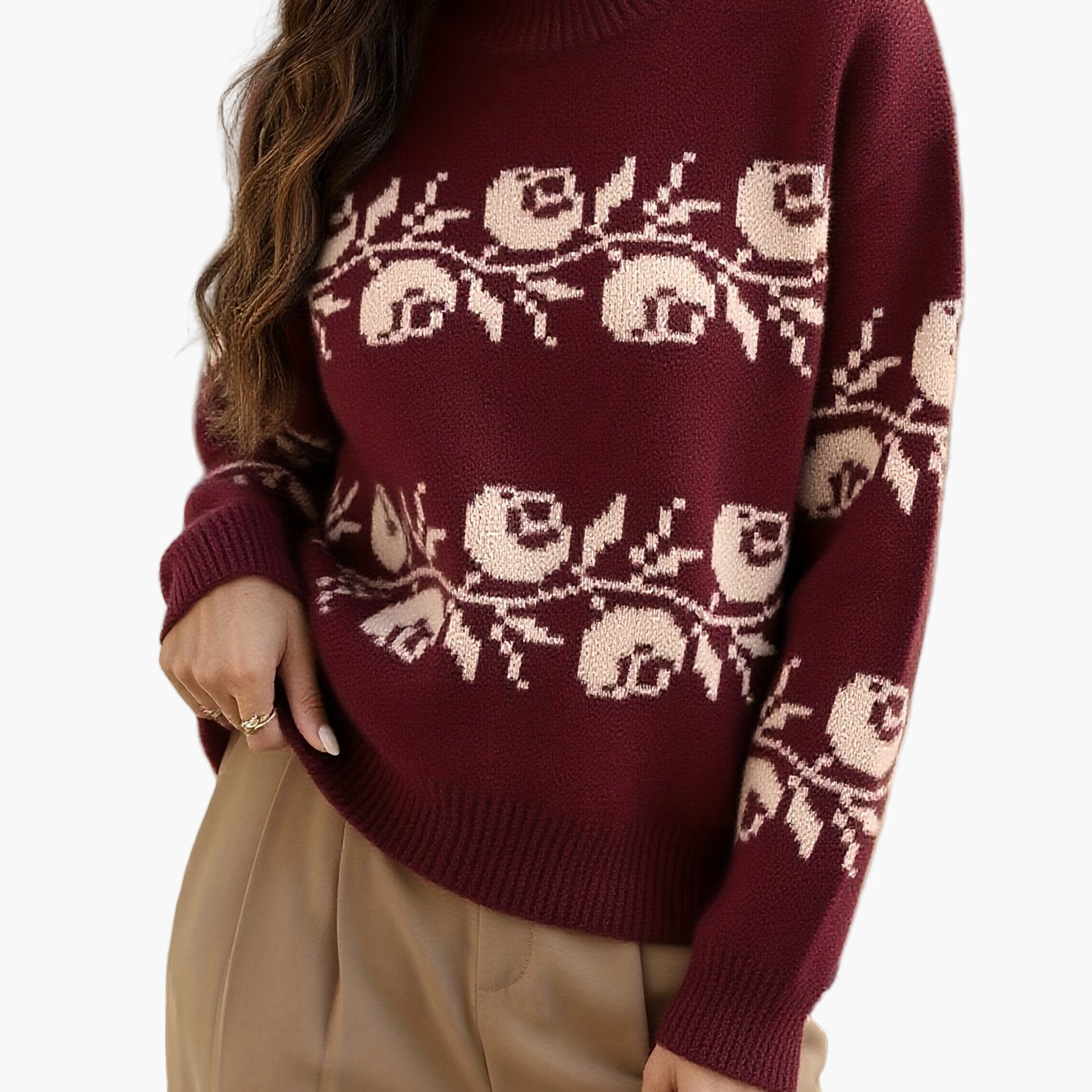Damen Jacquard Pullover mit Blumenmuster – Eleganter Herbst/Winter Strickpullover