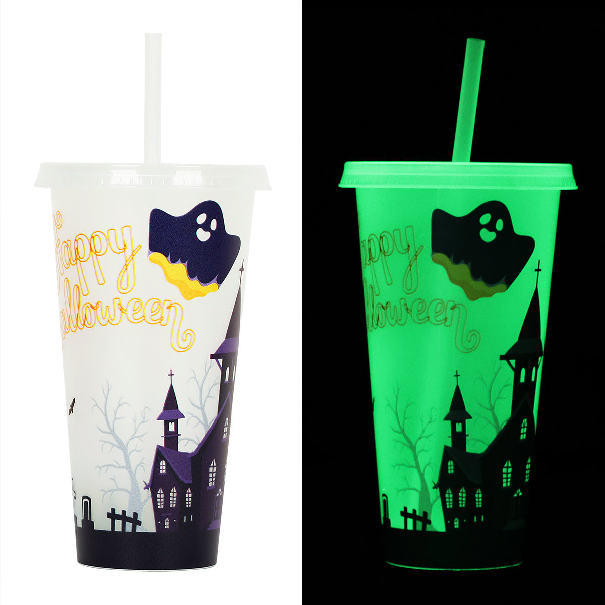 Halloween party cup with straw – glowing drinking cup for Halloween drinks & decoration
