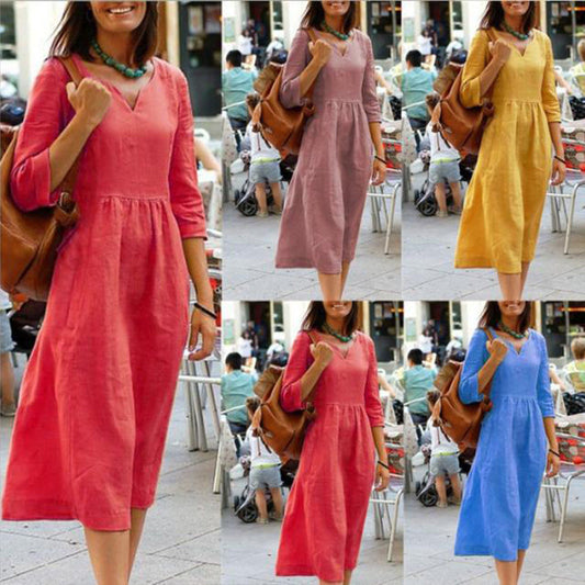 Damen Freizeit Midikleid mit V-Ausschnitt und 3/4-Ärmeln – Lockerer, eleganter Alltagslook