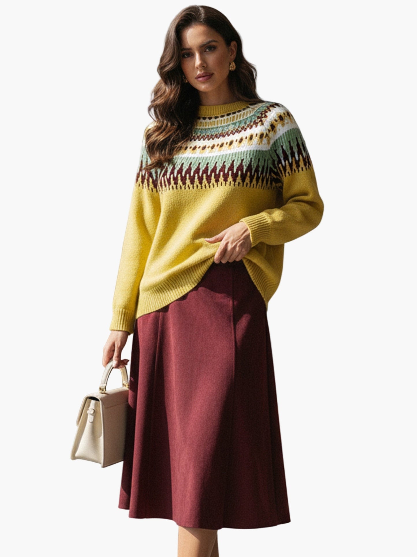 Damen Midirock-Outfit mit Fair-Isle-Strickpullover – Modischer Herbst/Winter-Look für Alltag und Büro