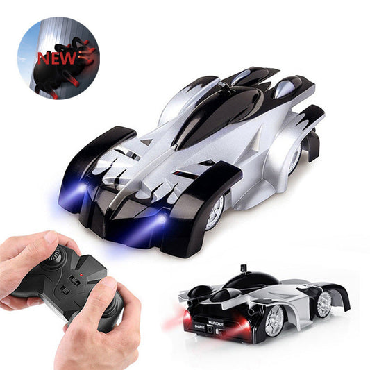 Remote-controlled wall and floor vehicle for children and adults – stunt car with LED light and 360° rotation