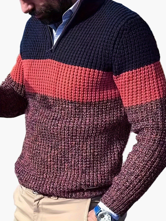Men's knitted sweater with stripe pattern and stand-up collar – fashionable casual sweater with quarter zipper