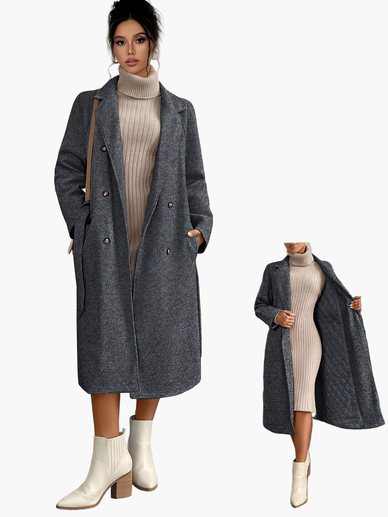 Women's Elegant Winter Coat with Belt and Pockets – Long Double-Breasted Transitional Coat for Autumn and Winter