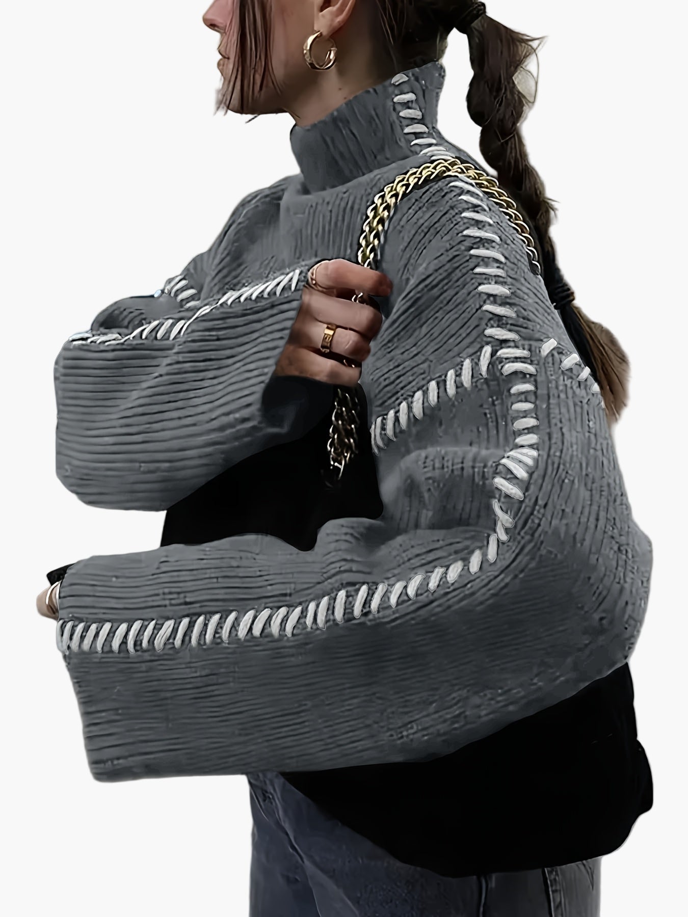 Damen Modischer Pullover mit Hochkragen und Akzent-Naht – Stilvoller Statement-Strick für Herbst & Winter