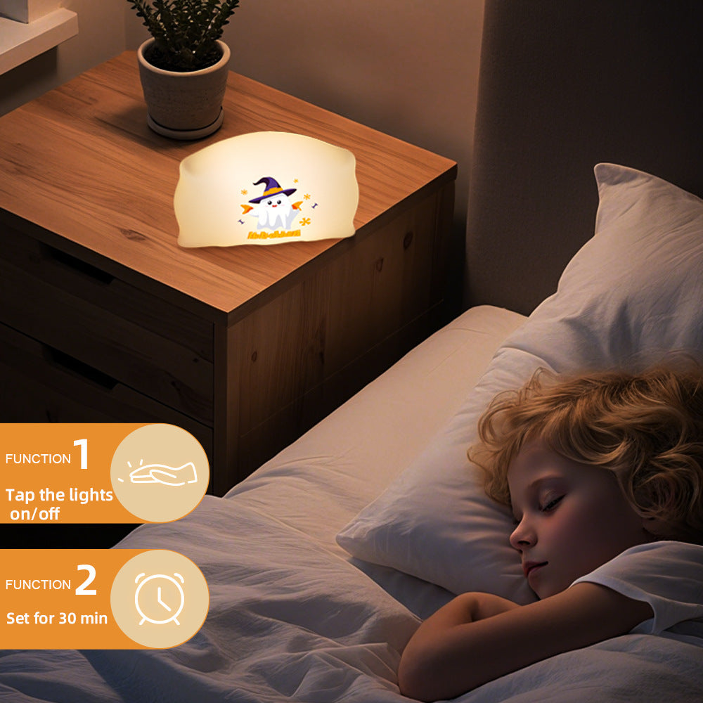 Halloween Night Light for Kids – Funny Pat Light with Ghost & Pumpkin, 3 Brightness Levels, Timer, Perfect Halloween Decoration
