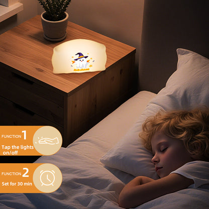 Halloween Night Light for Kids – Funny Pat Light with Ghost & Pumpkin, 3 Brightness Levels, Timer, Perfect Halloween Decoration