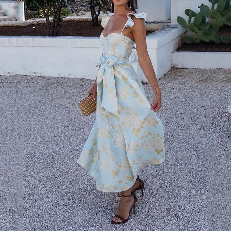 Sue – Modisches Blumendruck Französisches Retro Taillen-Trägerkleid