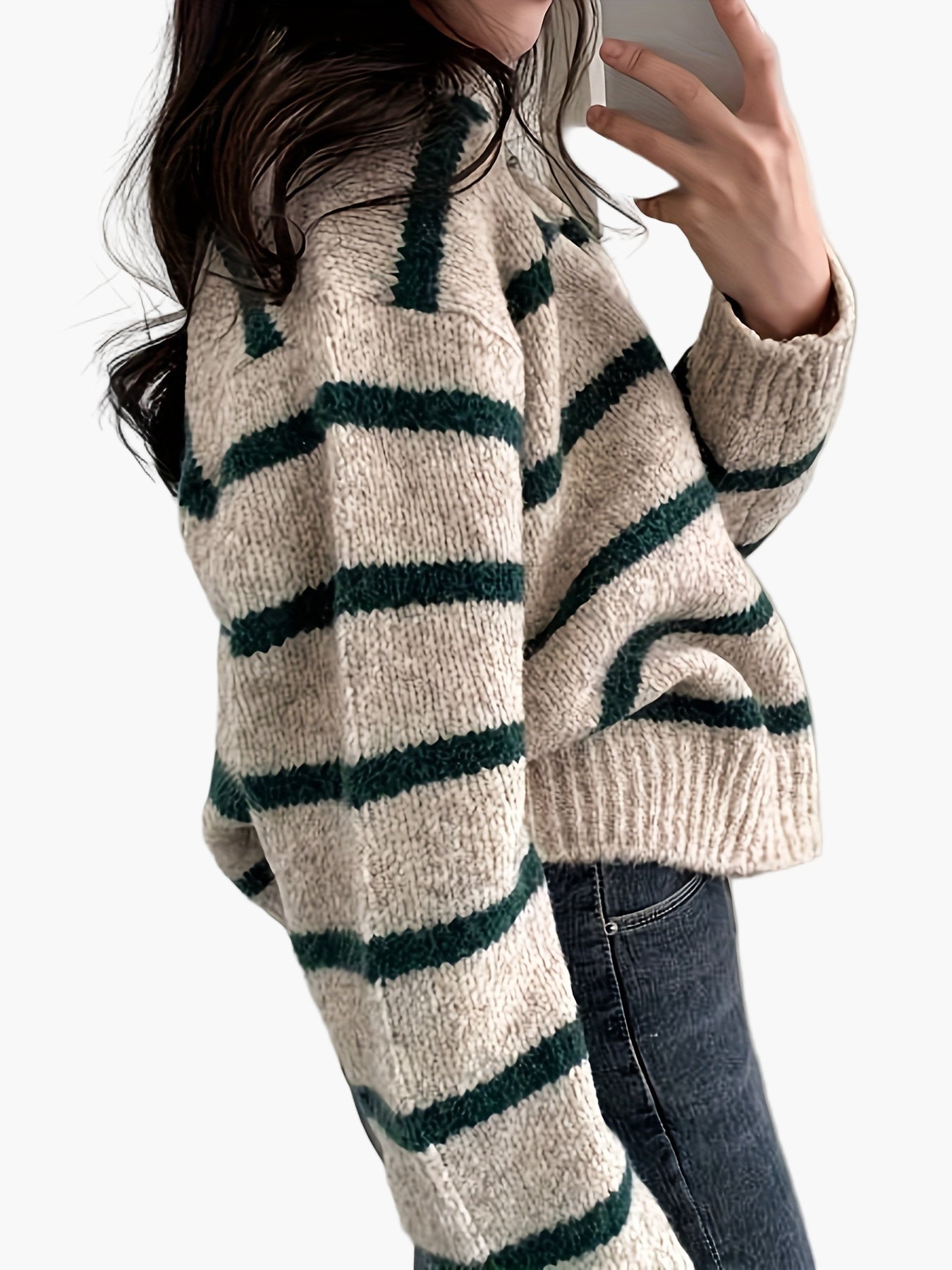 Damen Strickpullover mit Streifenmuster und Polokragen – Eleganter Herbst/Winter Freizeit-Look