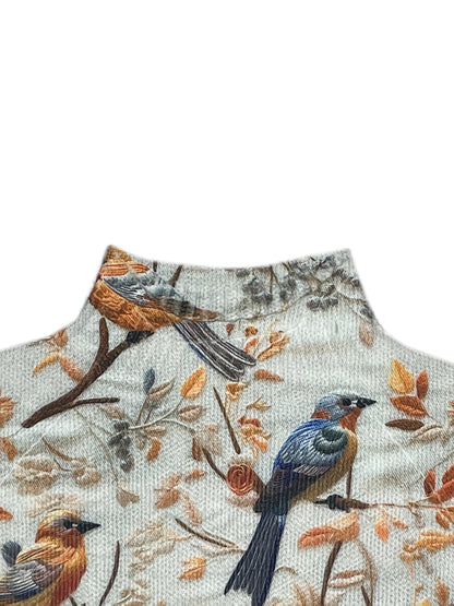 Damen Pullover mit Vogelmotiv und hohem Kragen – Eleganter Strickpullover für Herbst und Winter