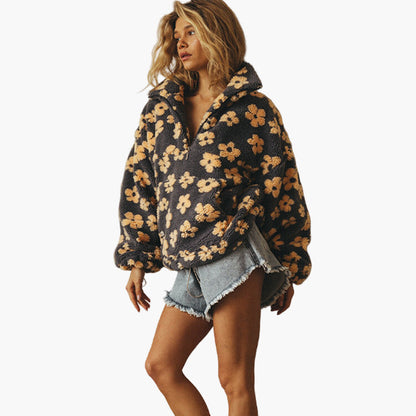 Women's Teddy Fleece Pullover with Floral Pattern – Cozy Boho Style for Leisure and Autumn
