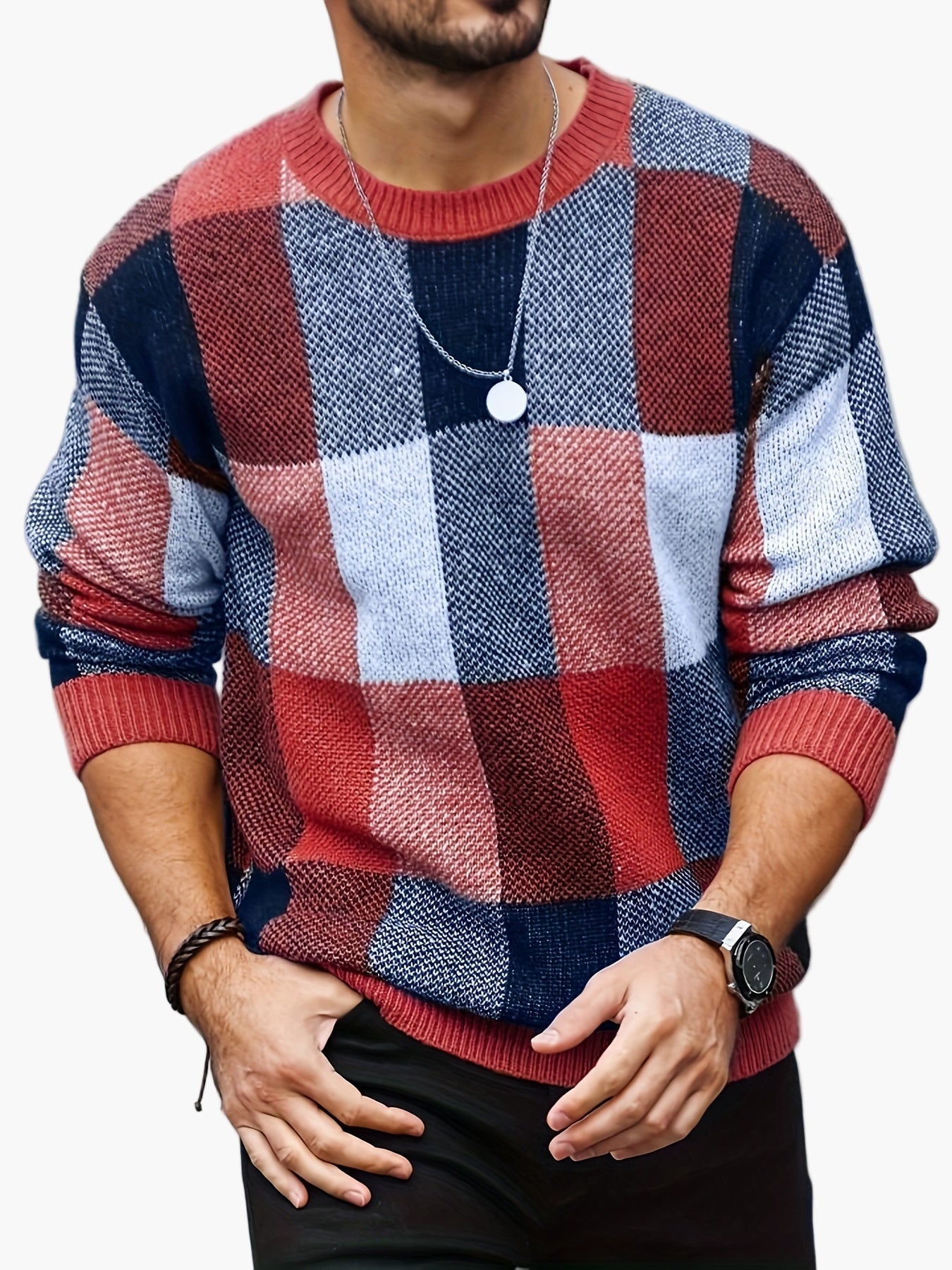 Men's Plaid Knit Sweater in Casual Style for Autumn and Winter