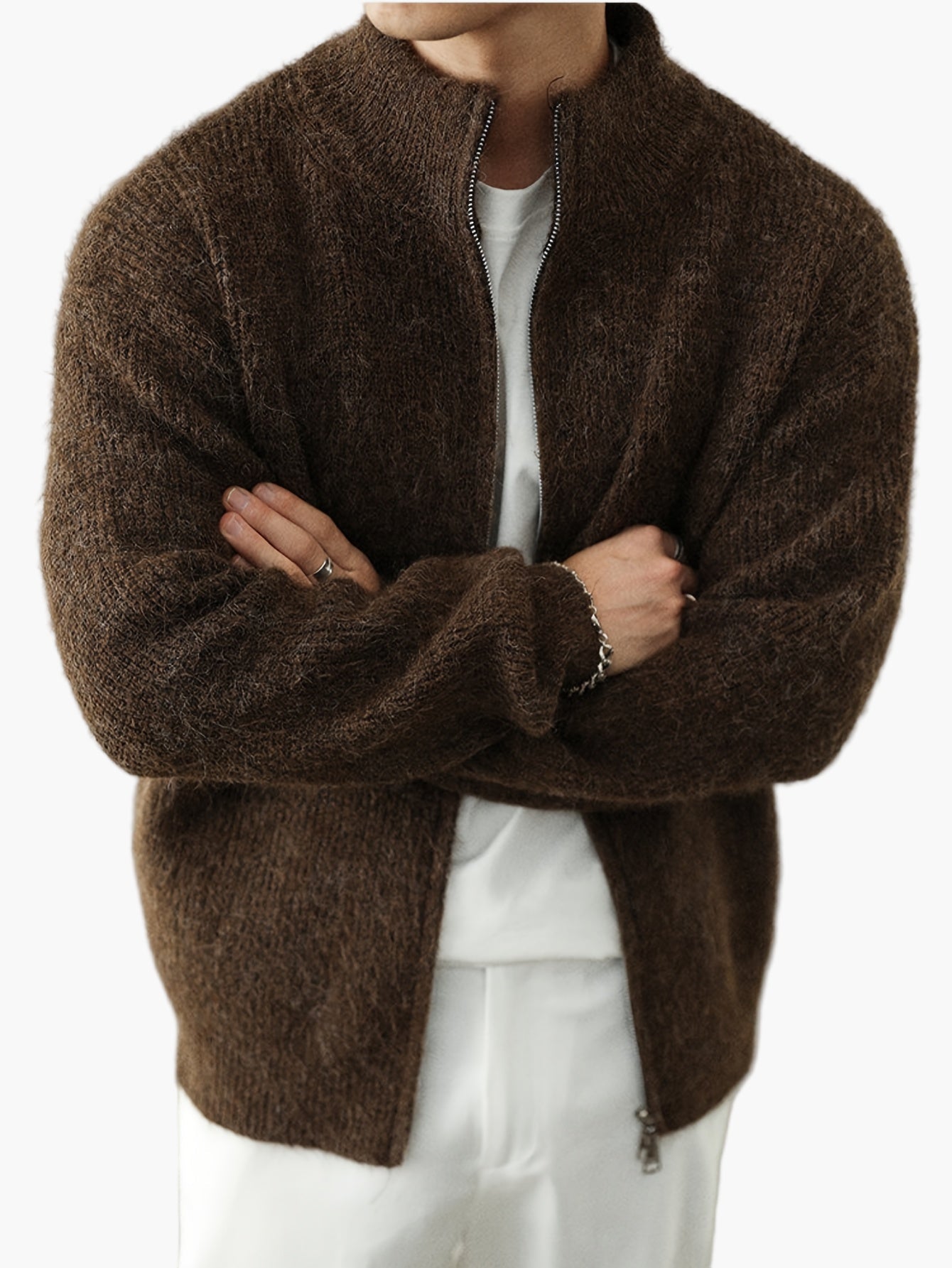 Men's Stand Collar Cardigan with Zipper – Casual Style for Everyday and Leisure