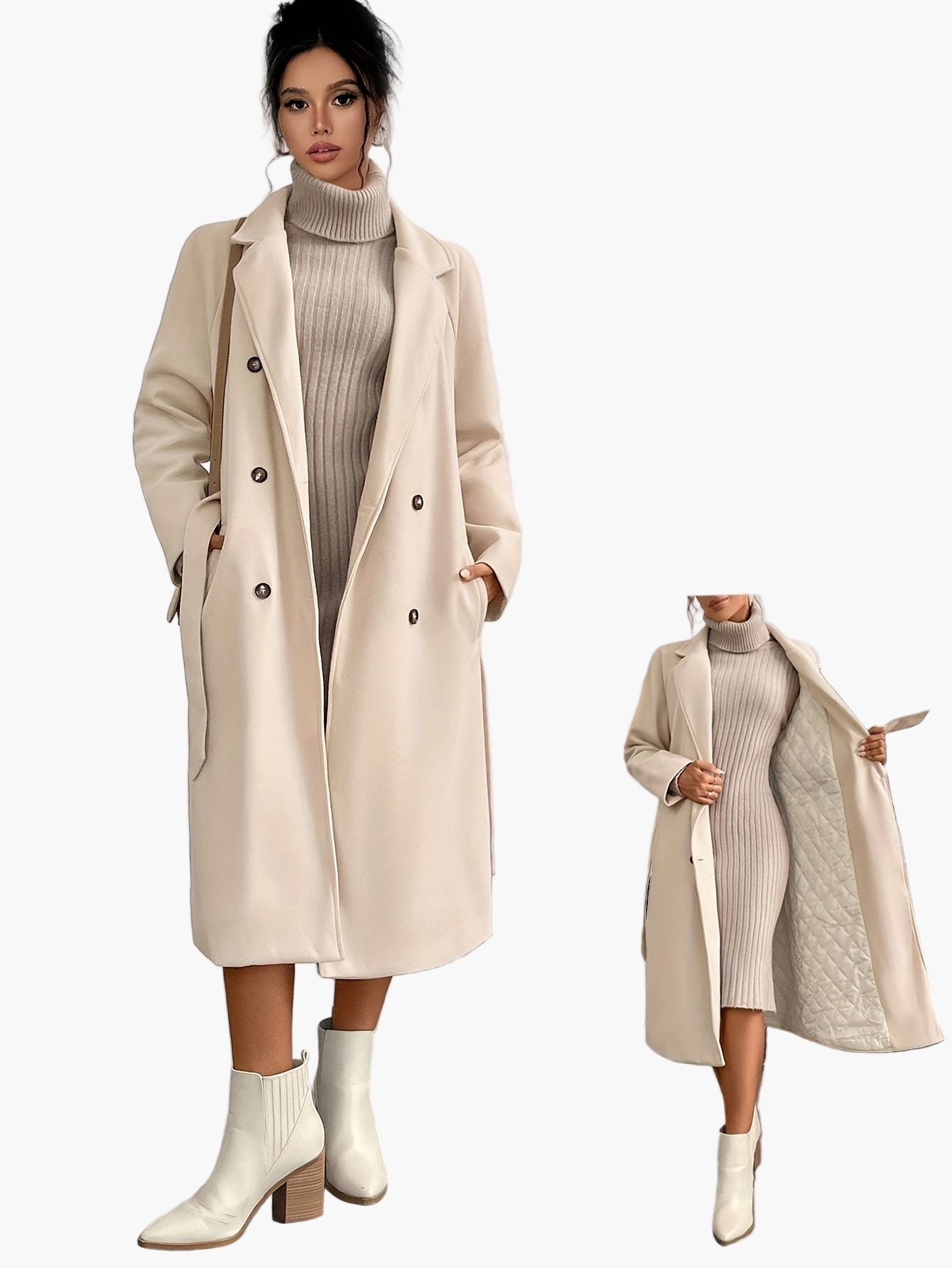 Women's Elegant Winter Coat with Belt and Pockets – Long Double-Breasted Transitional Coat for Autumn and Winter
