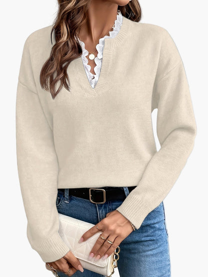 Damen Eleganter Strickpullover mit Spitzenbesatz und V-Ausschnitt – Ideal für Alltag und Büro