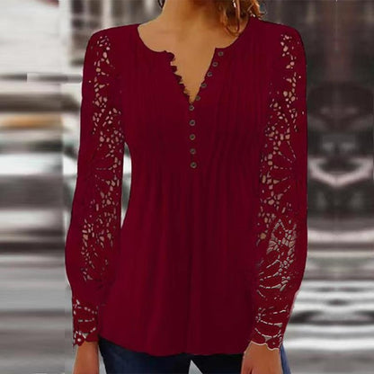 Sandra – Elegantes T-Shirt mit Spitzenärmeln und Falten in solidem Farbton