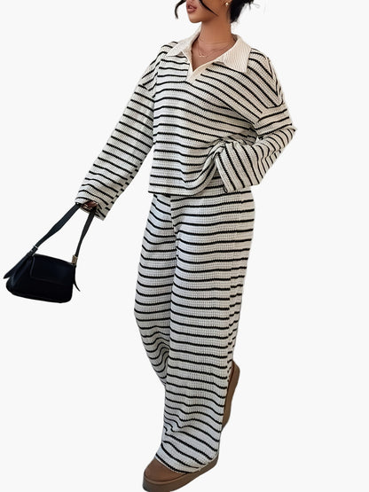 Damen Strick Zweiteiler Set – Gestreifter Freizeit-Look für Herbst & Winter, Elegant & Bequem