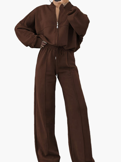 Damen Freizeit-Zweiteiler mit Reißverschluss und weitem Bein – Lässig & Bequem für Alltag oder Reise