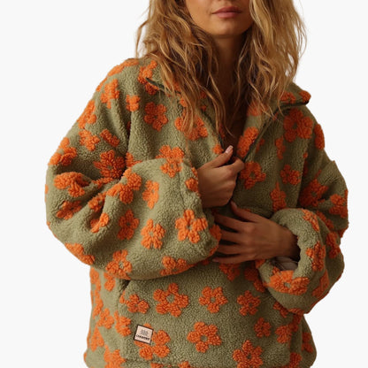 Women's Teddy Fleece Pullover with Floral Pattern – Cozy Boho Style for Leisure and Autumn