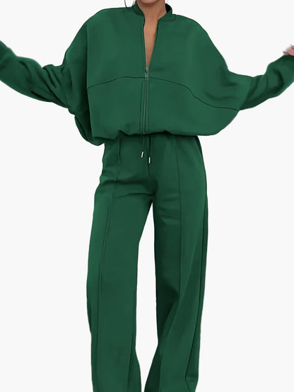 Damen Freizeit-Zweiteiler mit Reißverschluss und weitem Bein – Lässig & Bequem für Alltag oder Reise