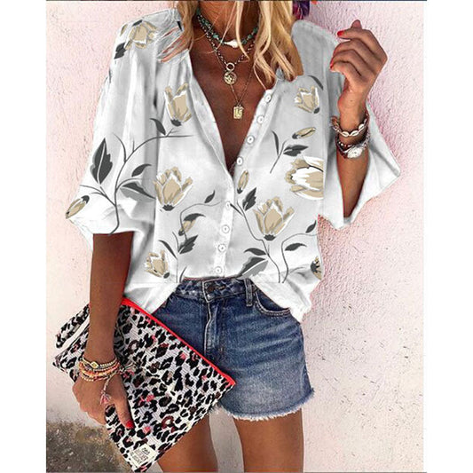 Kate – Flower-Printed Nine-Sleeve Top Loose Casual Shirt