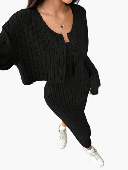 Women's Knit Two-Piece Set Elegant with Button Placket – Cardigan and Midi Dress, Perfect for Everyday and Office