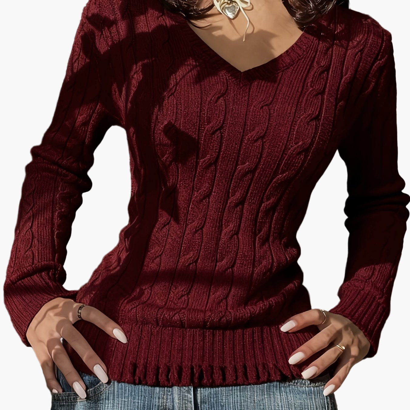 Damen Strickpullover mit Zopfmuster und V-Ausschnitt – Modischer Freizeitpullover für Alltag und Büro