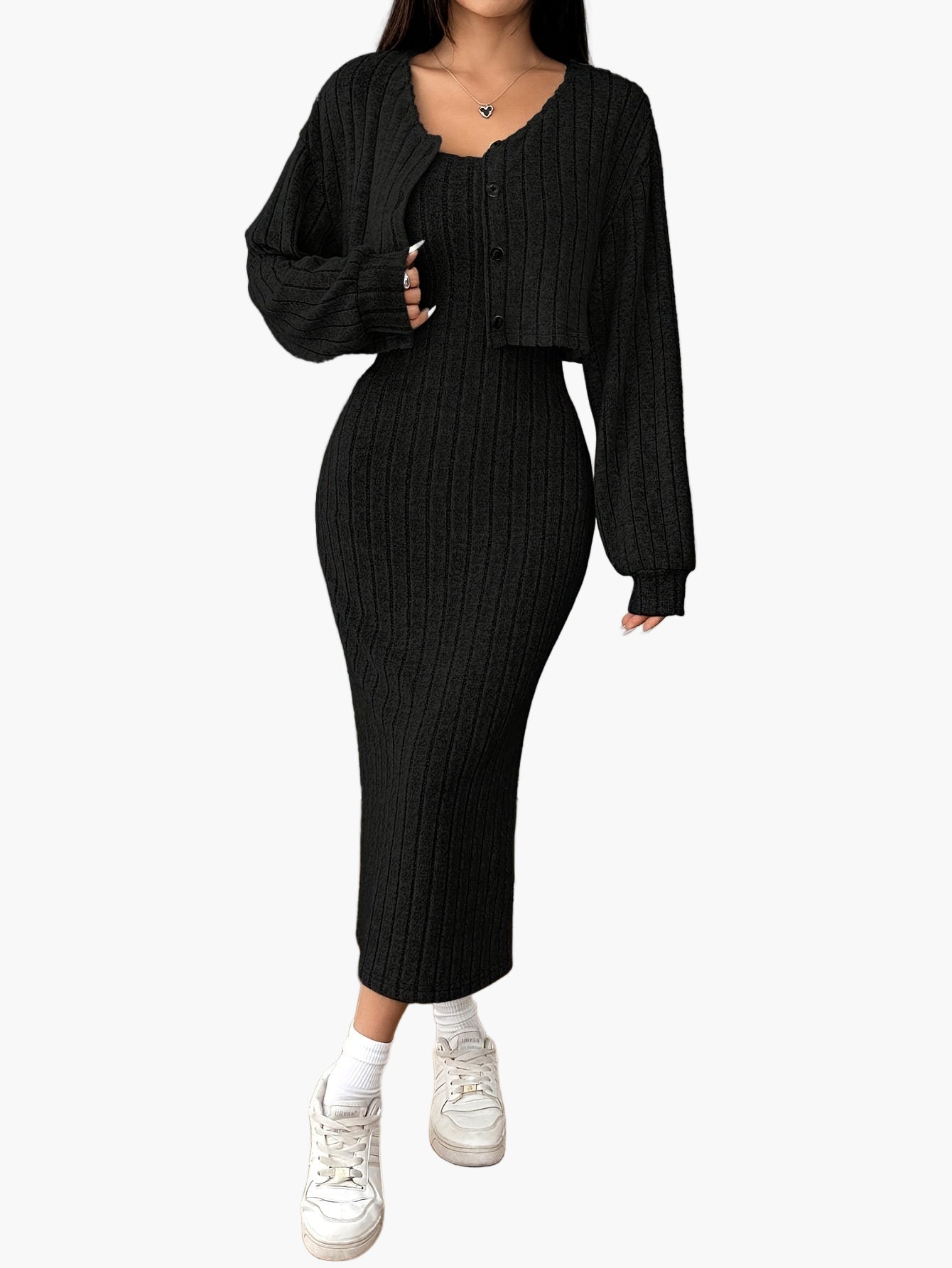 Women's Knit Two-Piece Set Elegant with Button Placket – Cardigan and Midi Dress, Perfect for Everyday and Office