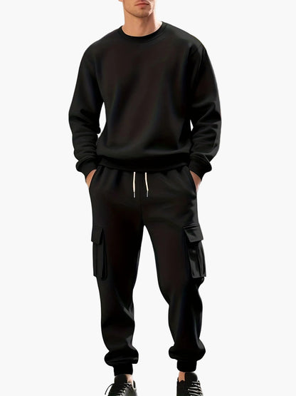 Men's Casual Sports Suit Set, Sweatshirt and Cargo Jogging Pants, Relaxed Style