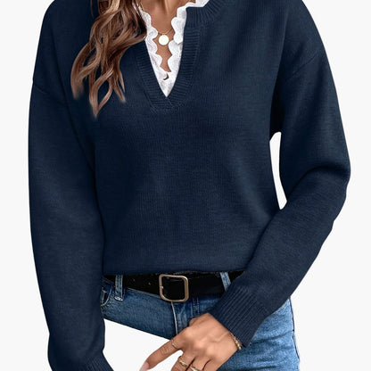 Damen Eleganter Strickpullover mit Spitzenbesatz und V-Ausschnitt – Ideal für Alltag und Büro