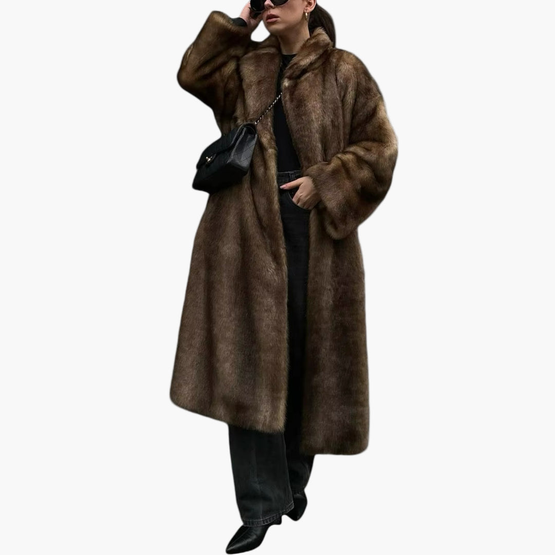 Damen Oversize Kunstpelz Mantel – Langer Wintermantel mit Reverskragen, modisch & warm für Alltag und besondere Anlässe