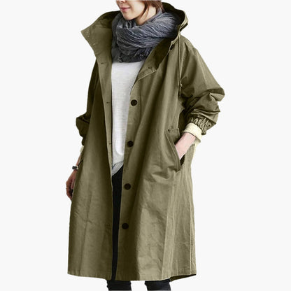 Damen Lange Regenjacke – Stilvolle Übergangsjacke mit Kapuze, modischer Alltagsbegleiter für Regenwetter